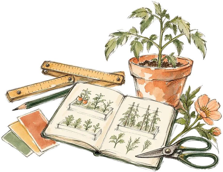 Pen-and-watercolor sketch: a notebook open to garden-bed plans, a folding ruler and pencil, paint swatches, a potted tomato seedling, a cut flower and snips.